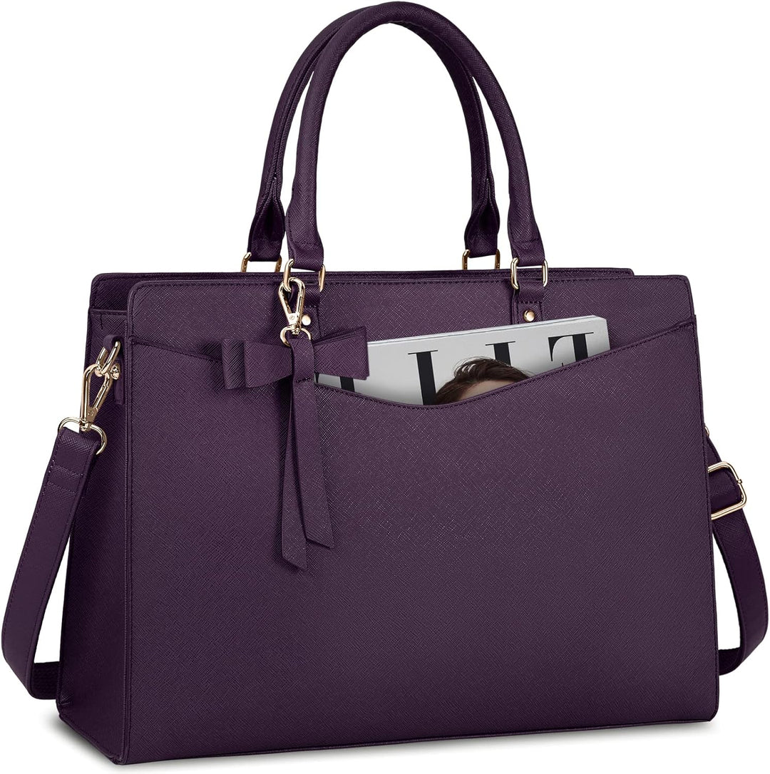 Waterproof PU Leather Laptop Tote Bag with Multi-Pocket Design for Women