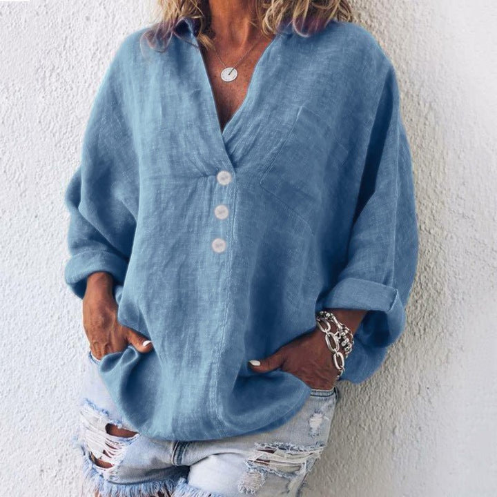 Heidi | Linen Button-Down Blouse V-Neck Oversized Roll Tab Sleeves