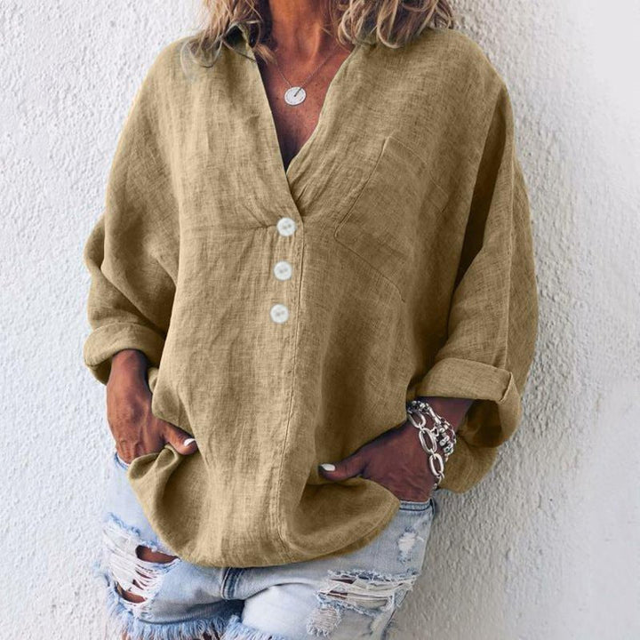 Heidi | Linen Button-Down Blouse V-Neck Oversized Roll Tab Sleeves