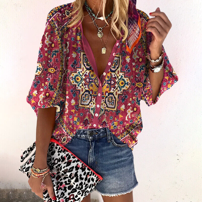 Maria | Women's Bohemian Blouse with Floral Print and Loose Short Sleeves