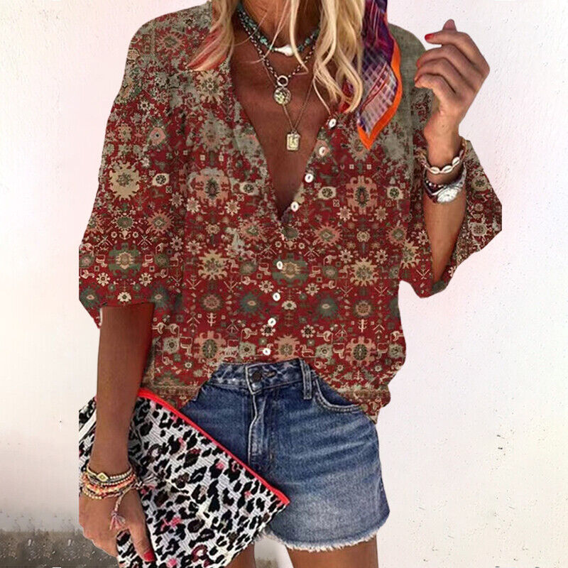 Maria | Women's Bohemian Blouse with Floral Print and Loose Short Sleeves
