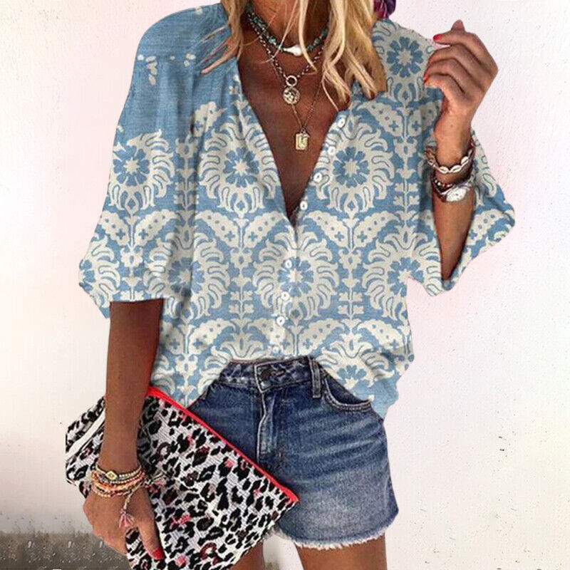 Maria | Women's Bohemian Blouse with Floral Print and Loose Short Sleeves