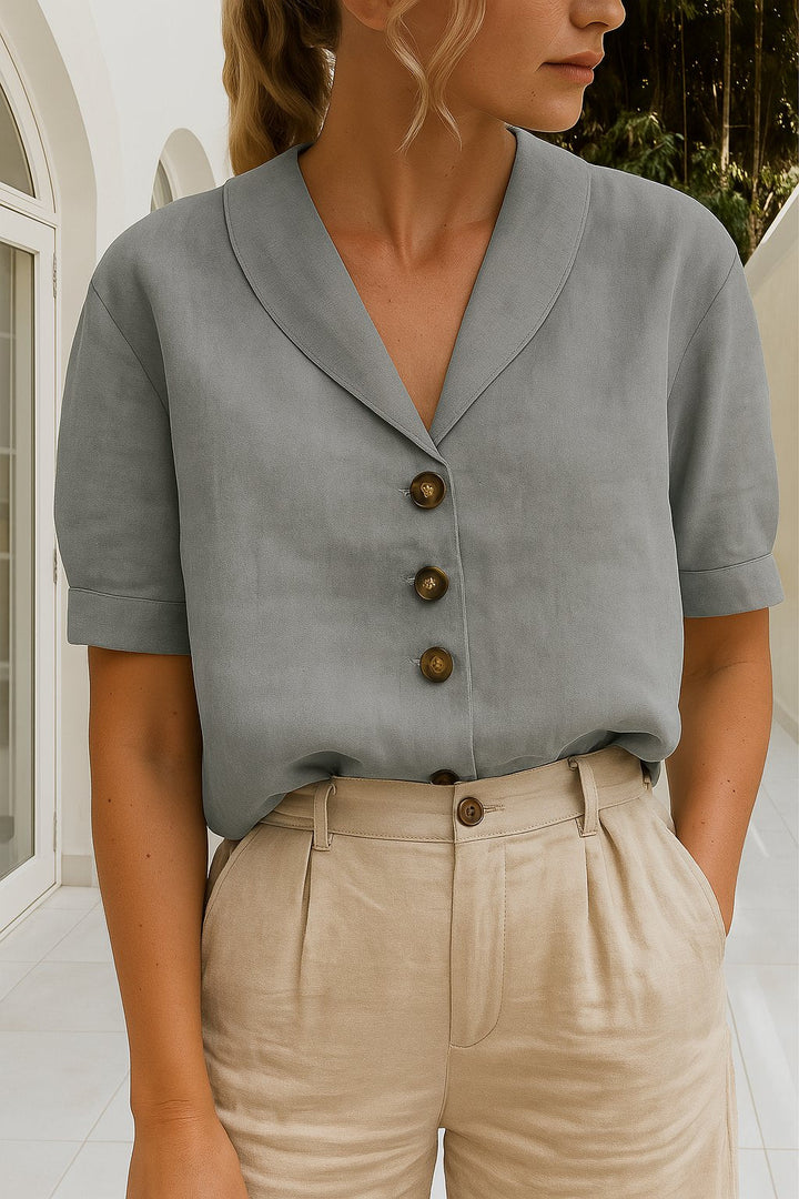 Isla | Women's Button Front Blouse Short Sleeve V-Neck