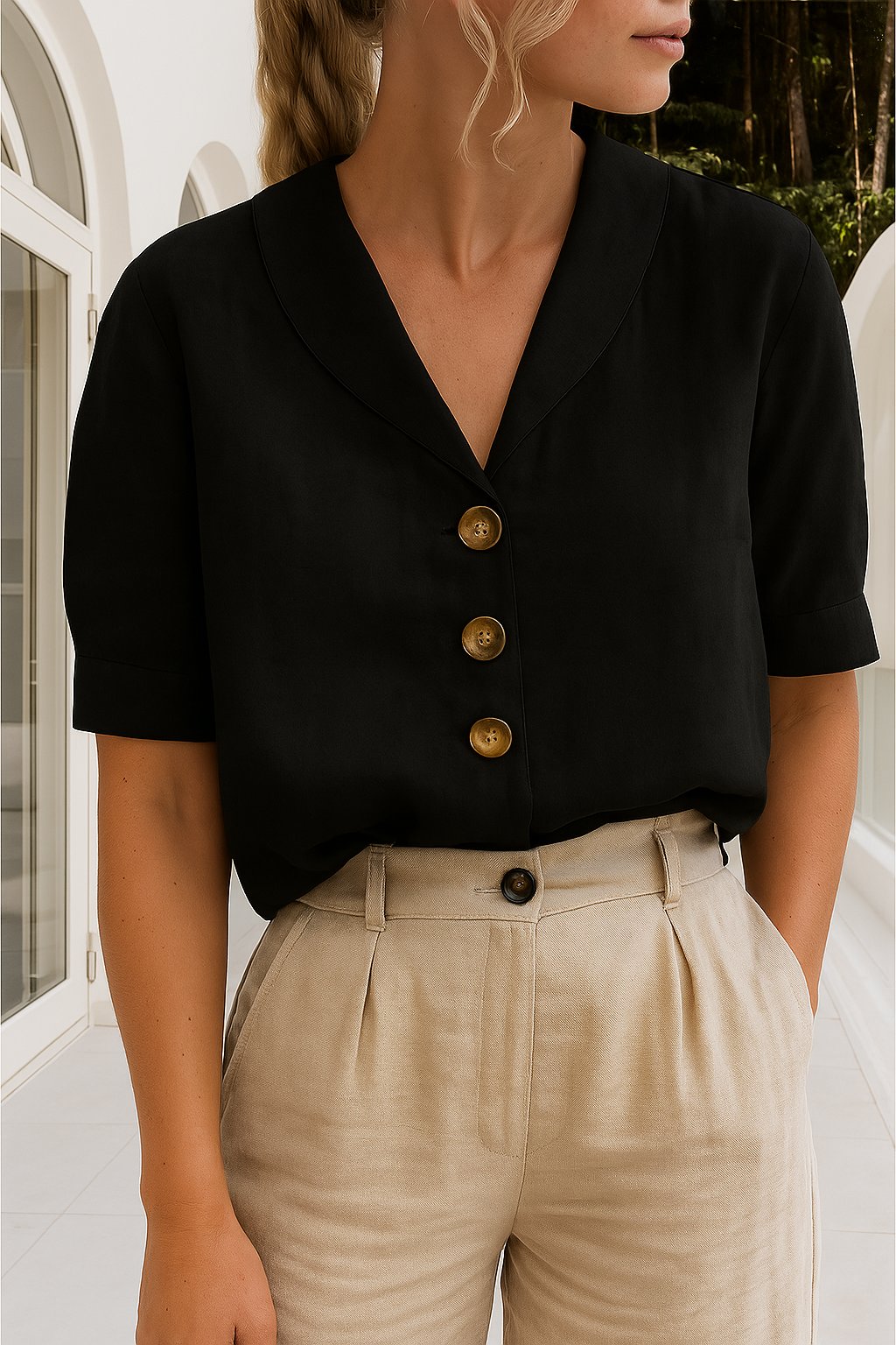 Eileen | Casual V-Neck Button-Up Short Sleeve Blouse