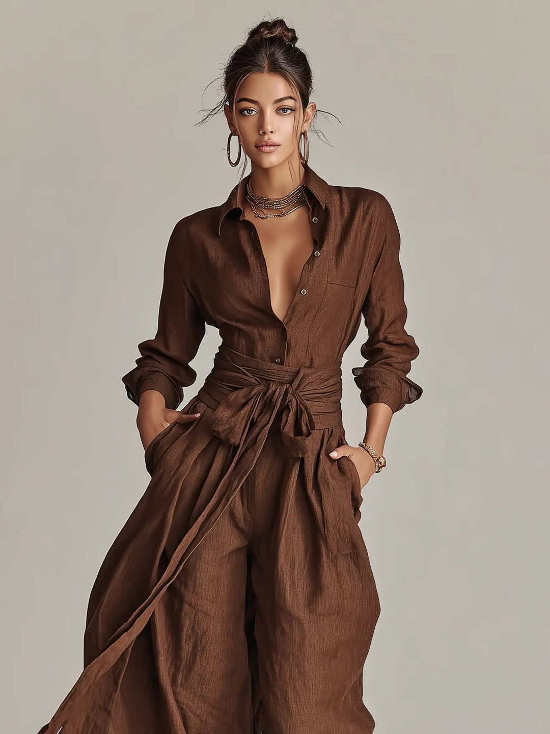 Florence | Women's Cotton-Linen Belted Long-Sleeve Jumpsuit
