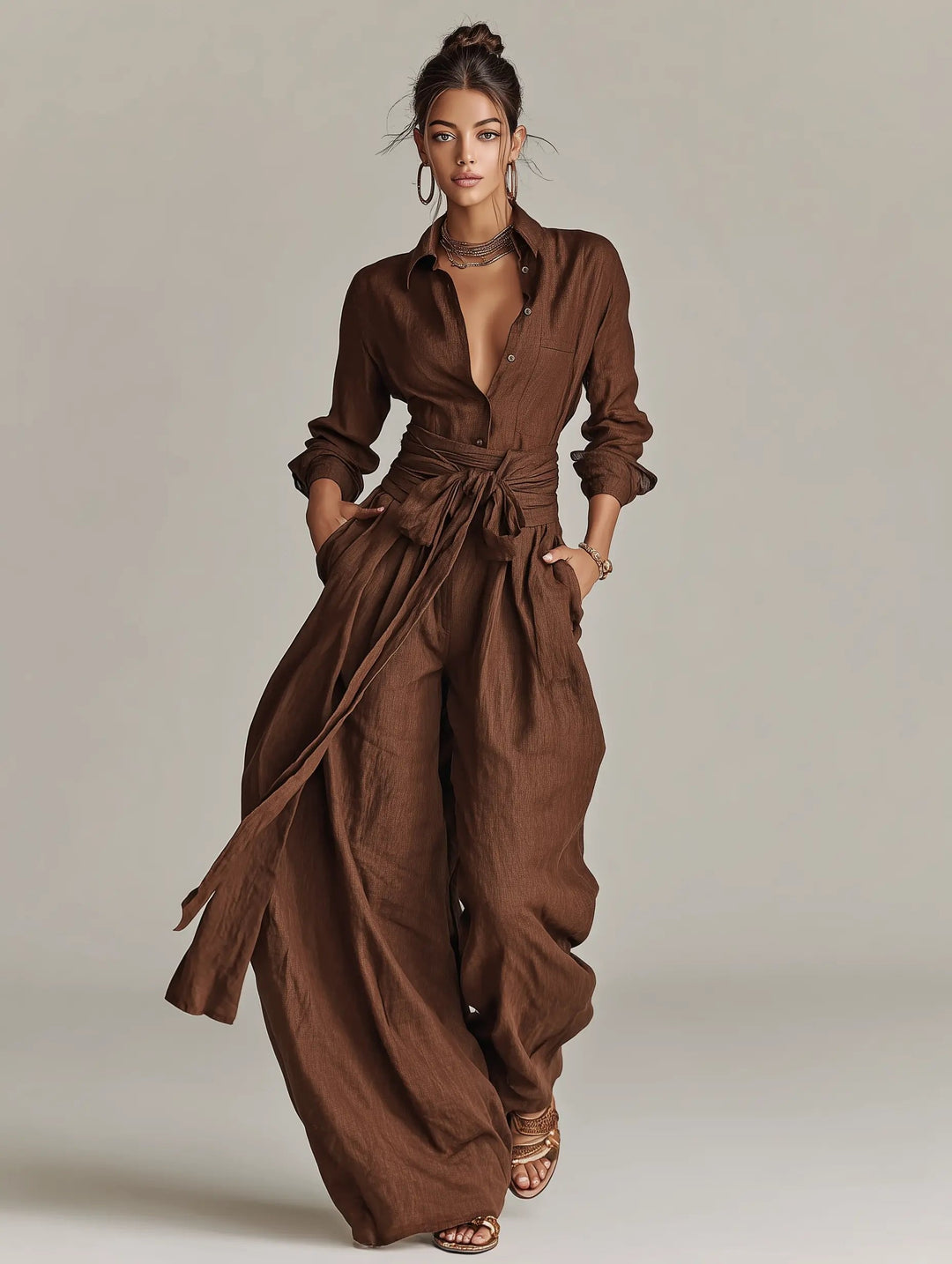 Florence | Women's Cotton-Linen Belted Long-Sleeve Jumpsuit