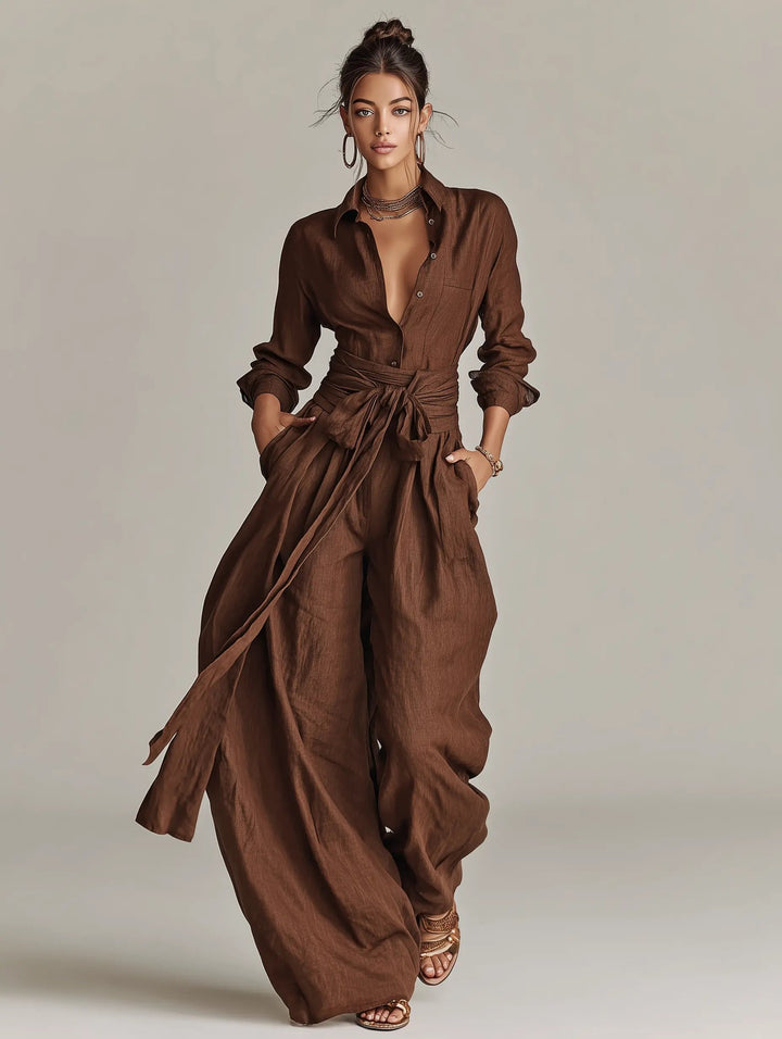 Florence | Women's Cotton-Linen Belted Long-Sleeve Jumpsuit
