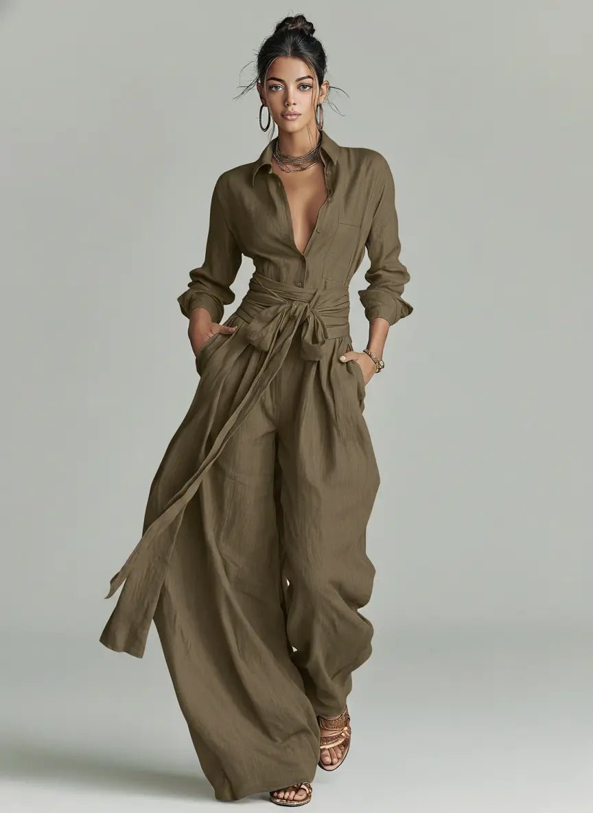 Florence | Women's Cotton-Linen Belted Long-Sleeve Jumpsuit
