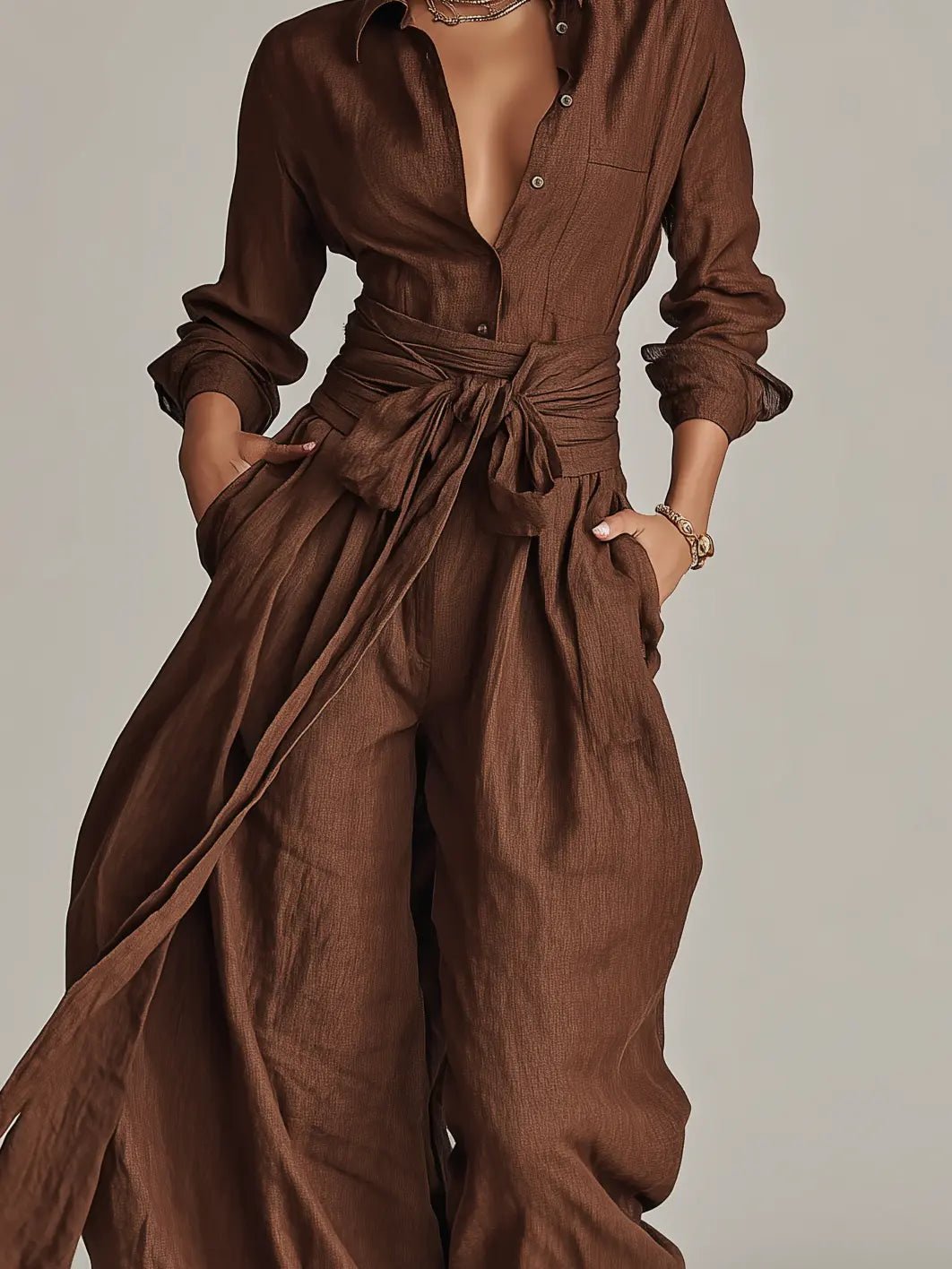 Florence | Women's Cotton-Linen Belted Long-Sleeve Jumpsuit