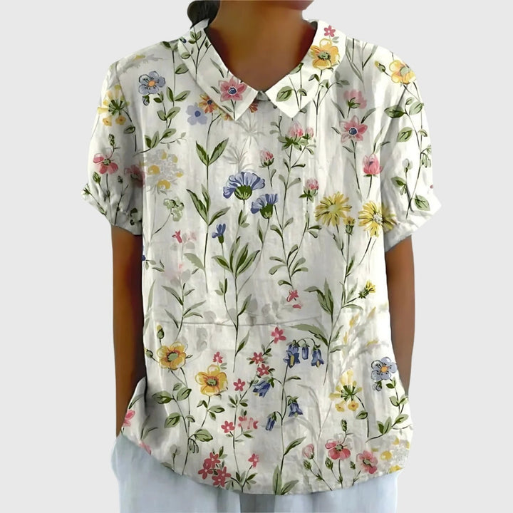 Willow | Women's Linen Short Sleeve Collared Blouse Floral Print