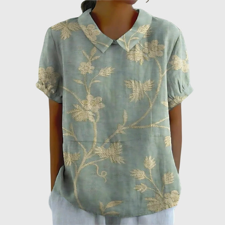 Willow | Women's Linen Short Sleeve Collared Blouse Floral Print