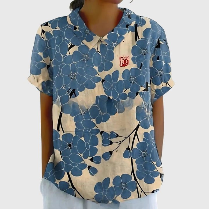 Willow | Women's Linen Short Sleeve Collared Blouse Floral Print