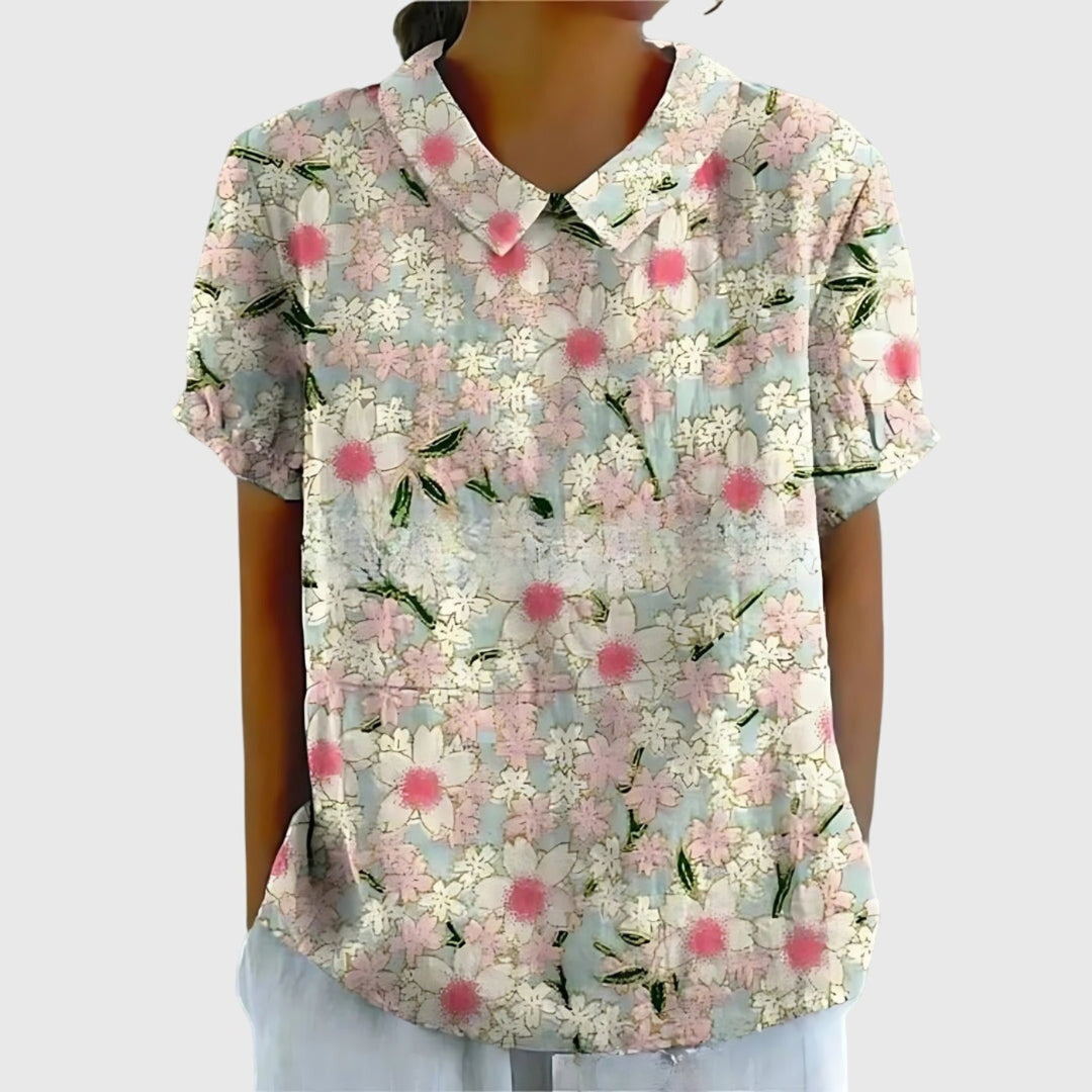 Willow | Women's Linen Short Sleeve Collared Blouse Floral Print