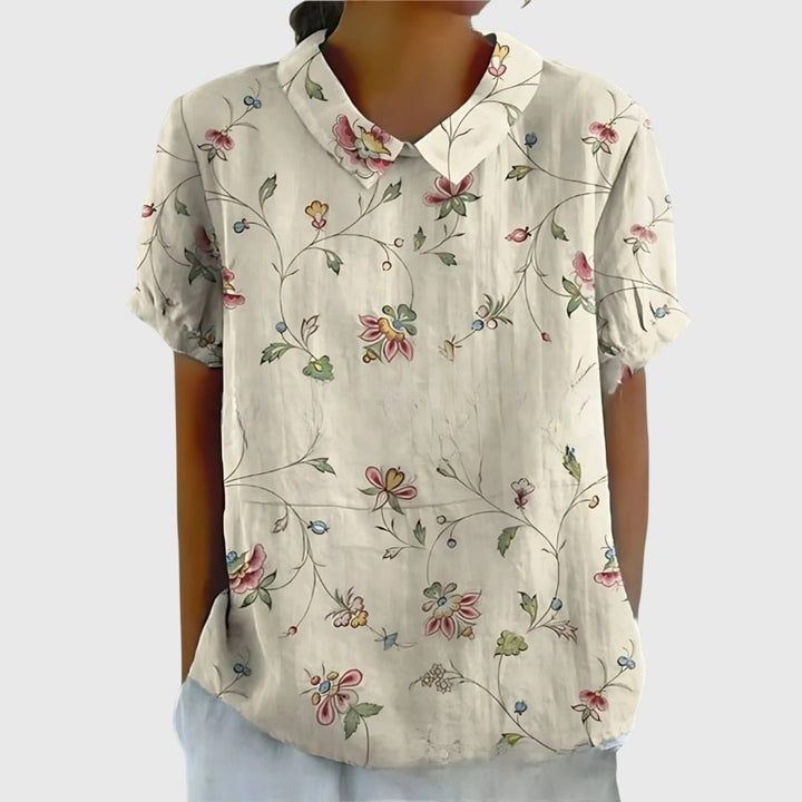Willow | Women's Linen Short Sleeve Collared Blouse Floral Print