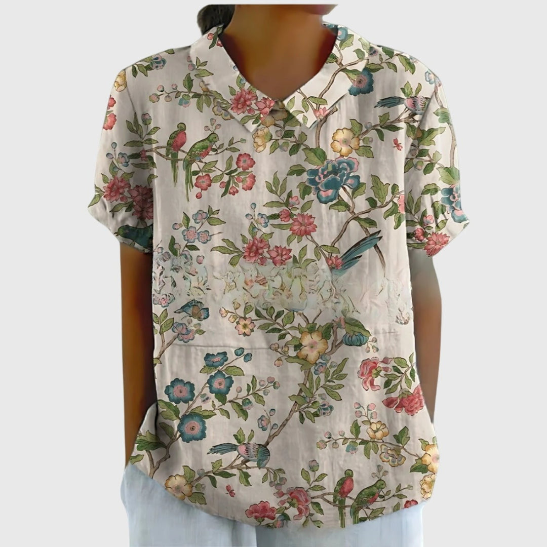 Willow | Women's Linen Short Sleeve Collared Blouse Floral Print