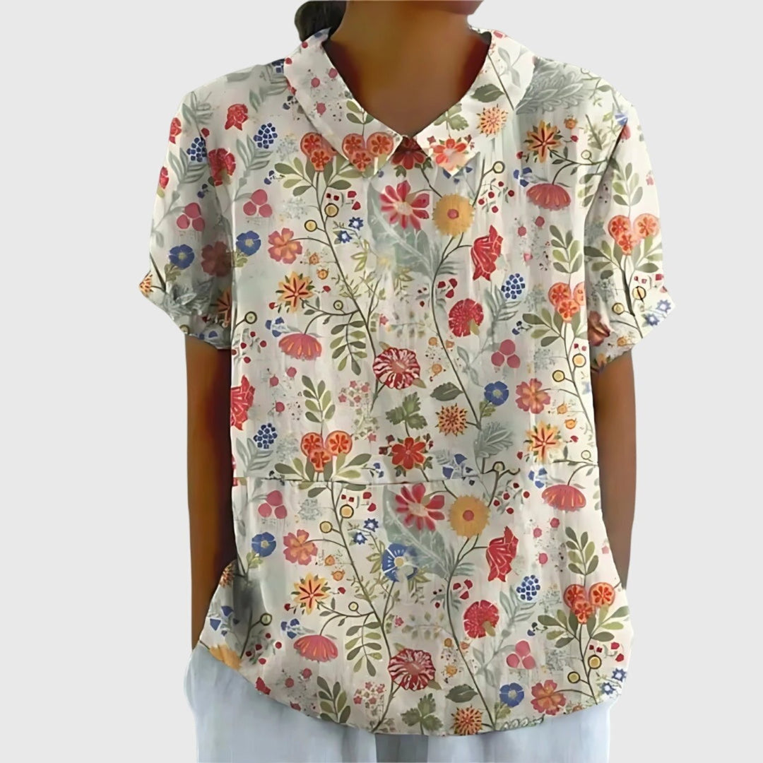 Willow | Women's Linen Short Sleeve Collared Blouse Floral Print