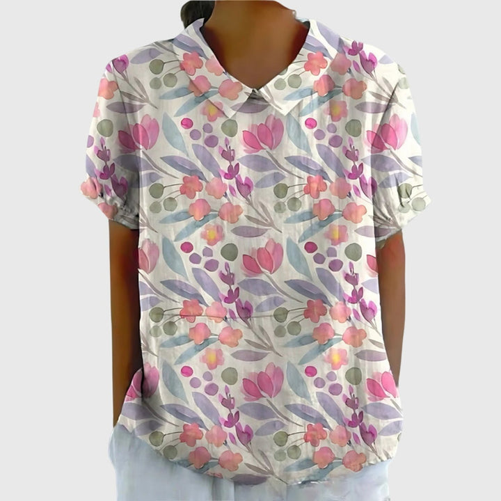 Willow | Women's Linen Short Sleeve Collared Blouse Floral Print