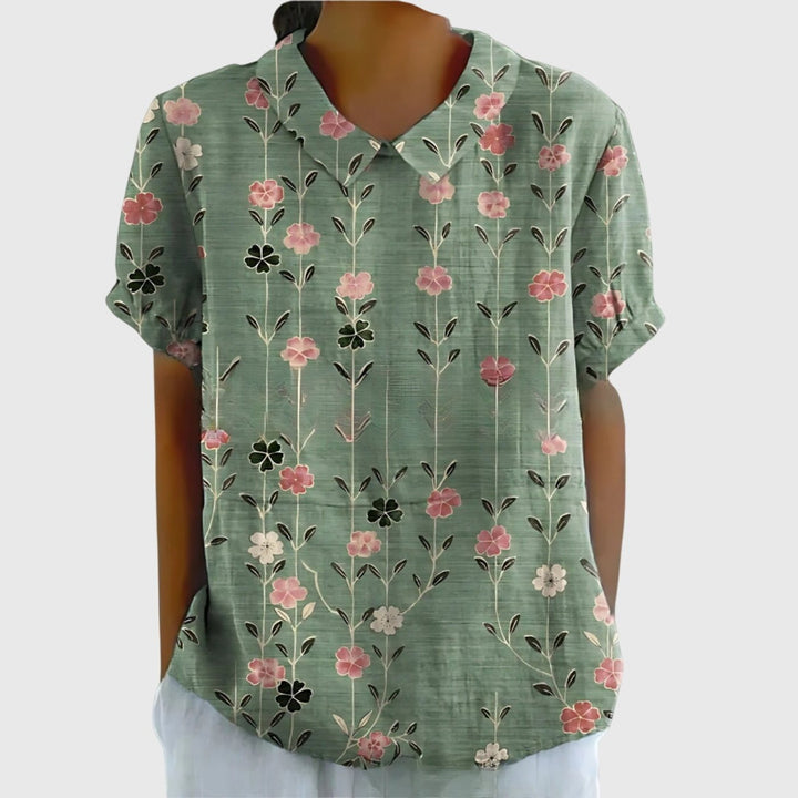 Willow | Women's Linen Short Sleeve Collared Blouse Floral Print