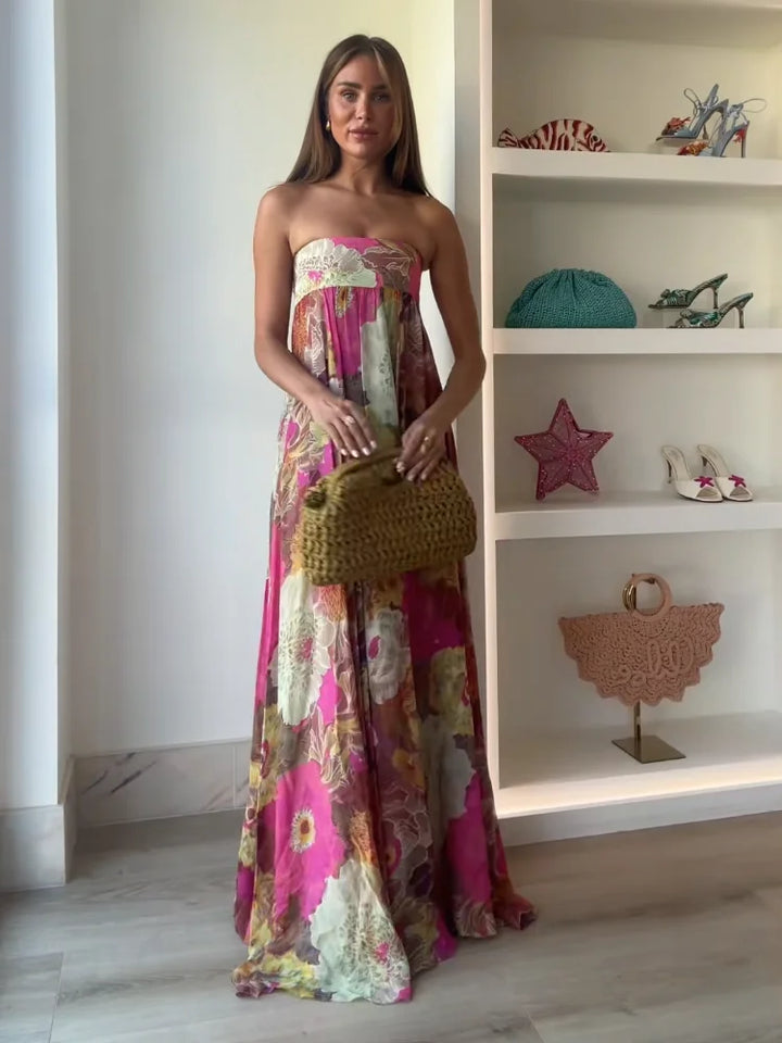 Lurevia | Maxi dress for women with flowers and strapless wedding style