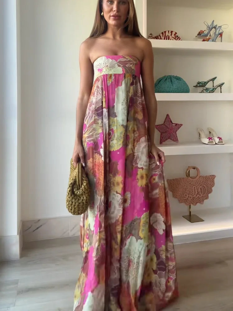 Lurevia | Maxi dress for women with flowers and strapless wedding style