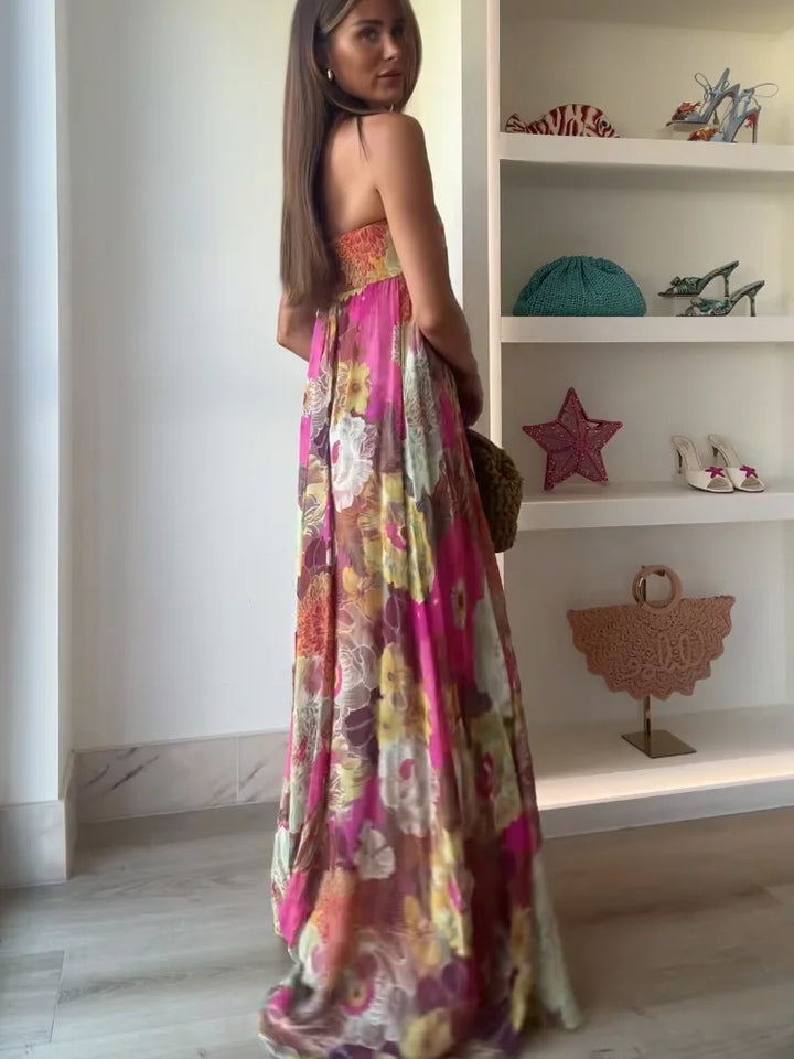 Lurevia | Maxi dress for women with flowers and strapless wedding style