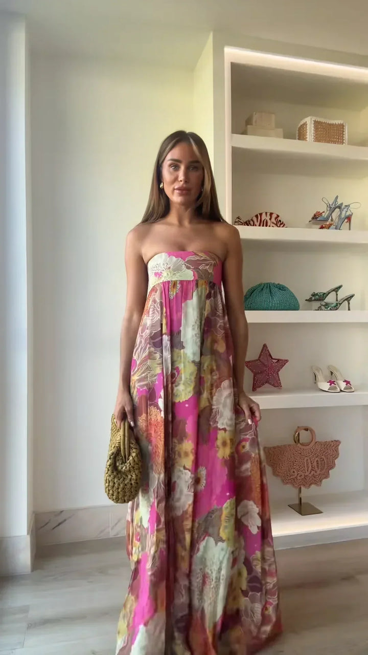 Lurevia | Maxi dress for women with flowers and strapless wedding style