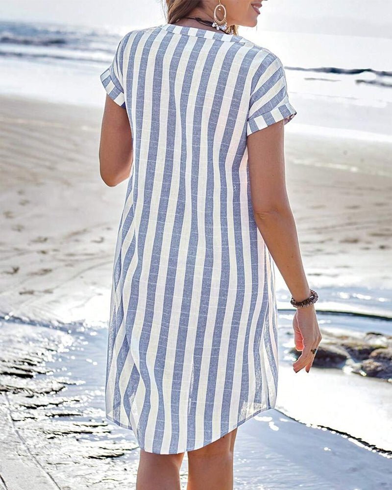 Ava | Women's Striped Linen Short-Sleeve Button-Up Shirt Dress